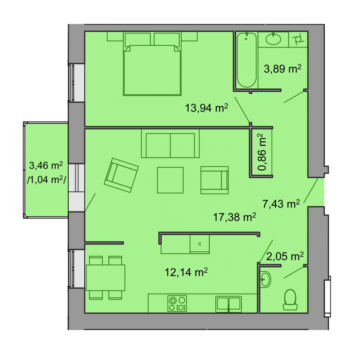 План об'єкта 2-кім. квартира, 3 поверх