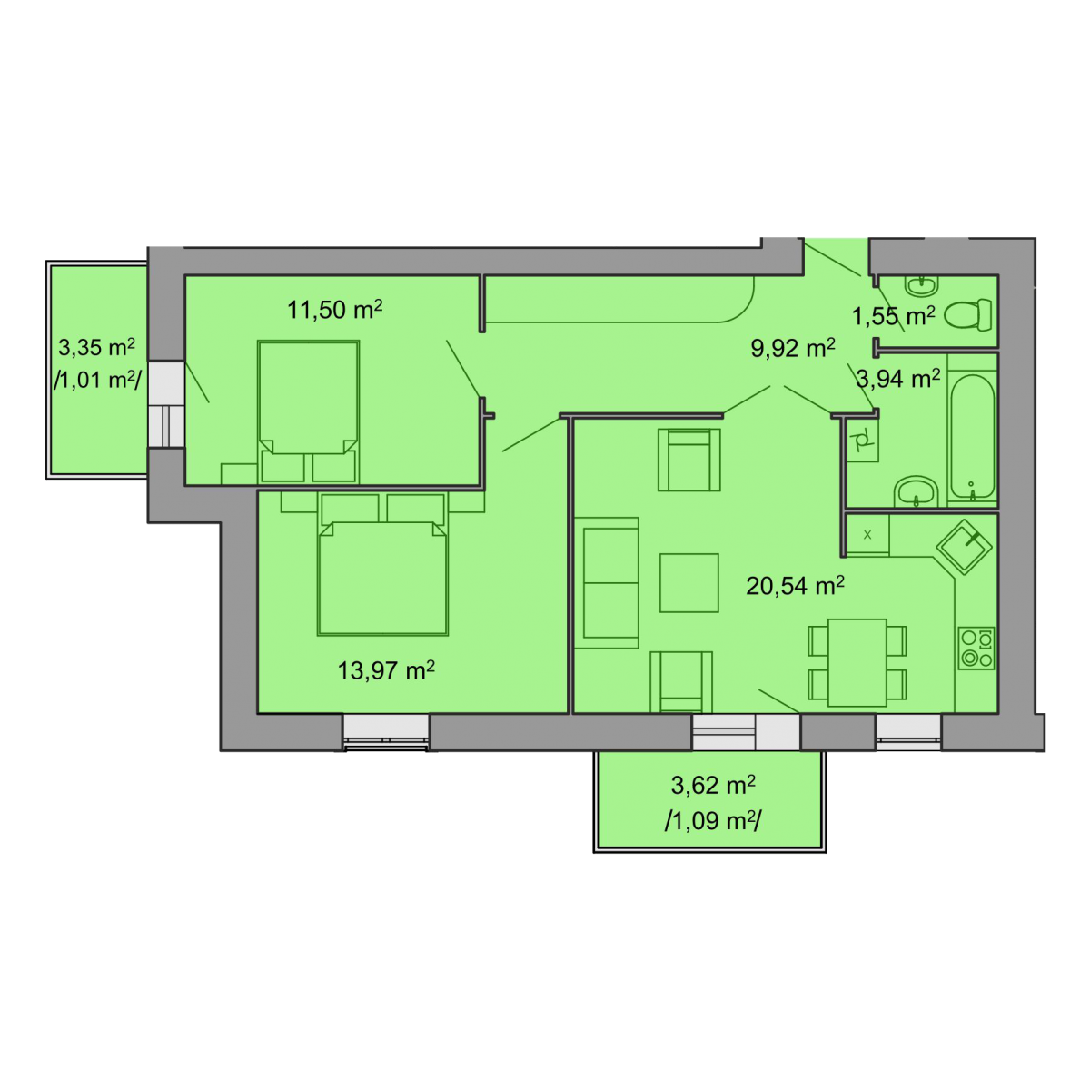 План об'єкта 2-кім. квартира, 3 поверх