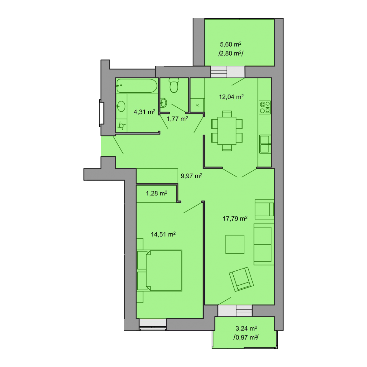 План об'єкта 2-кім. квартира, 1 поверх