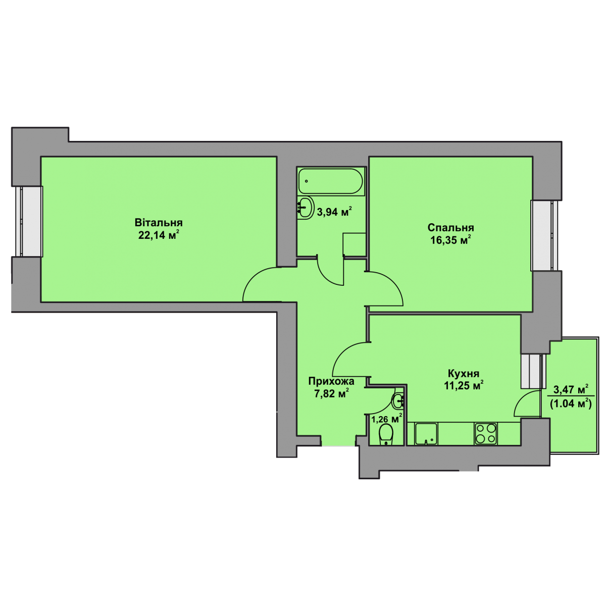 План об'єкта 2-кім. квартира, 1 поверх