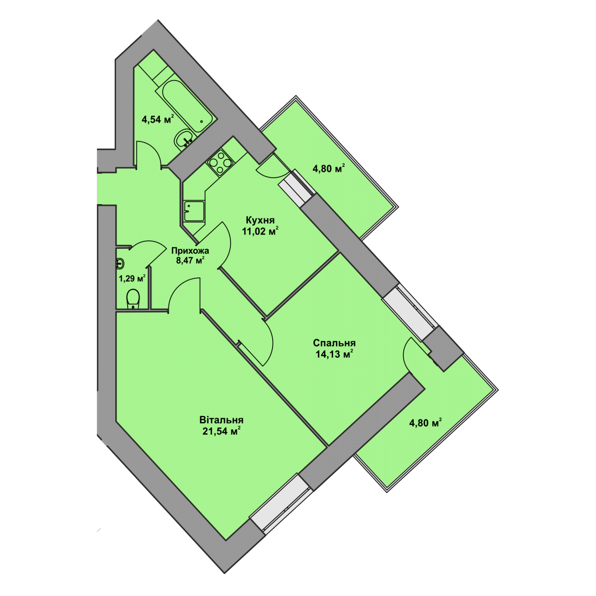 План об'єкта 2-кім. квартира, 1 поверх
