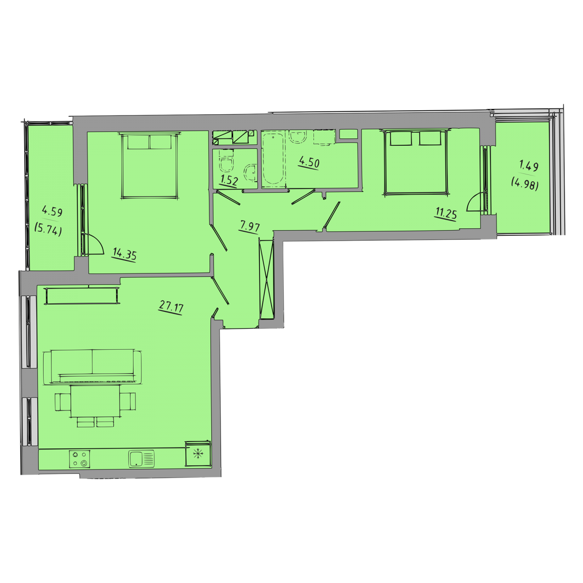План об'єкта 2-кім. квартира, 3 поверх