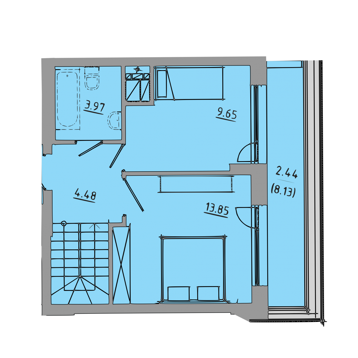 План 1 об'єкта 3-кім. квартира, 9-10 поверх