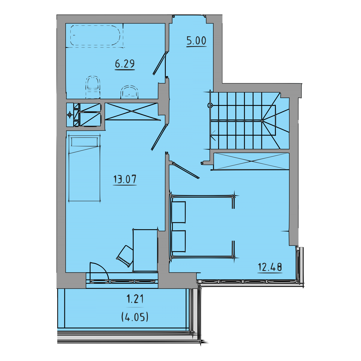 План 1 об'єкта 2-кім. квартира, 9-10 поверх